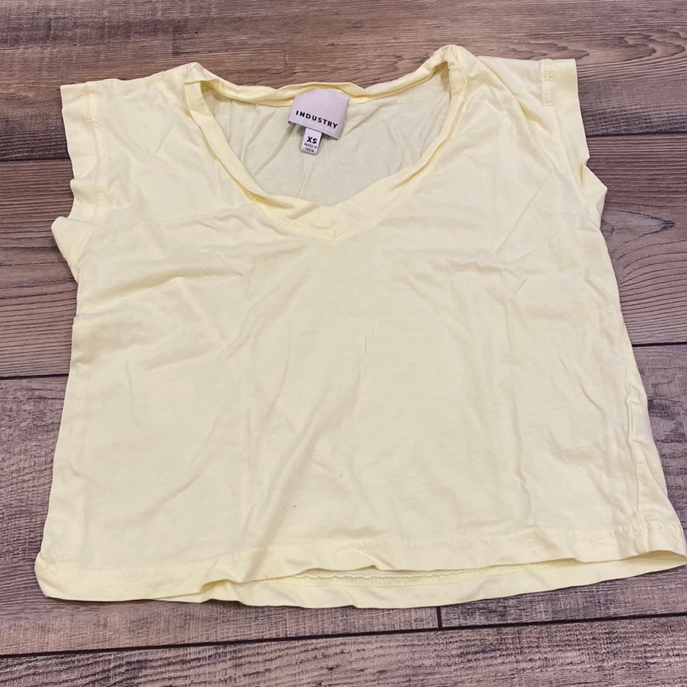 Pastel Yellow V Neck Shoulder Cut Tee- INDUSTRY